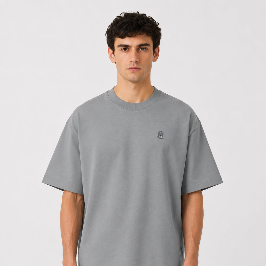 Sauce & Brown Haze oversized t-shirt in light grey worn by male model – front view