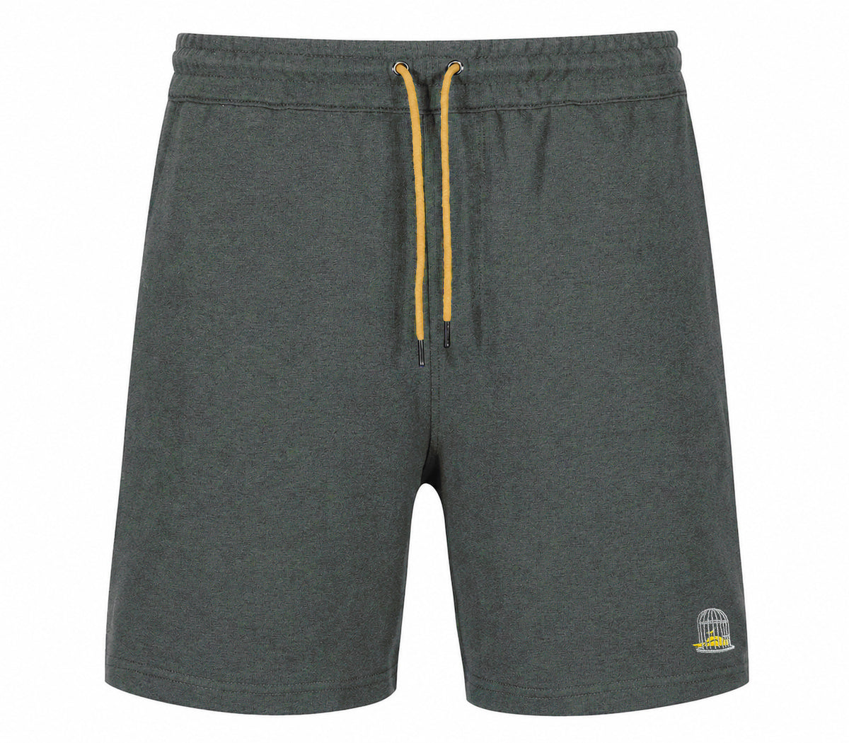 Front view of the Sauce & Brown Quarry dark grey marl jogger shorts with canary yellow drawcord and embroidered birdcage logo.