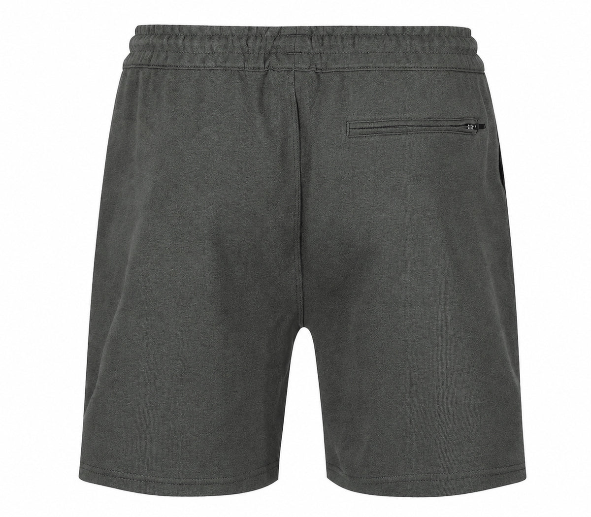 Rear view of the Sauce & Brown Quarry dark grey marl jogger shorts with YKK zipped rear pocket.