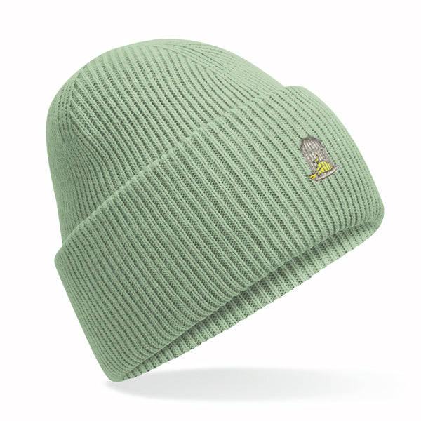 Alpine Beanie in Alpine Green with embroidered logo by Sauce & Brown