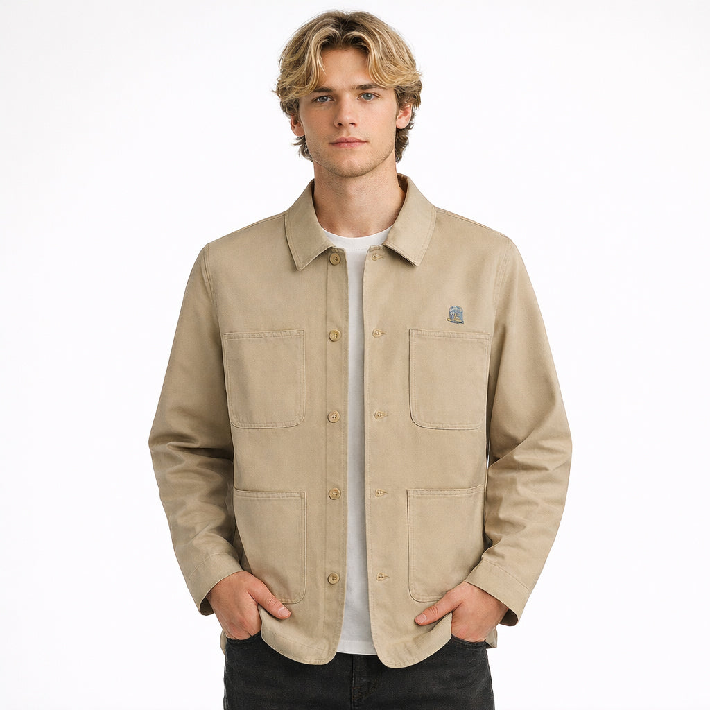 Front view of Bourne Jacket in sand worn by model by Sauce & Brown