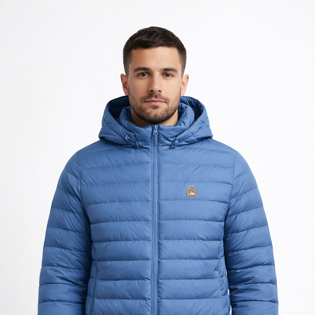 Liberty Jacket in blue with embroidered chest logo worn by model by Sauce & Brown