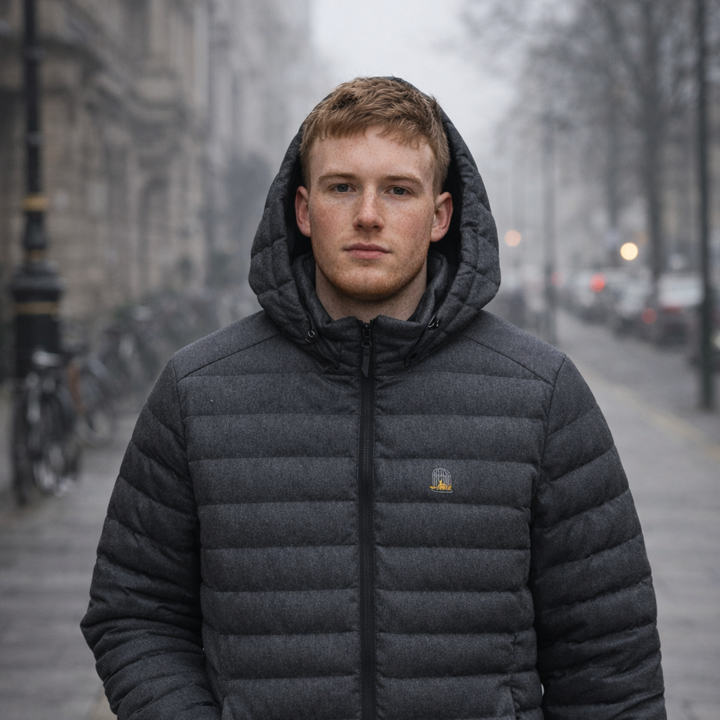 Model wearing Mac Jacket in charcoal grey outdoors in urban setting by Sauce & Brown