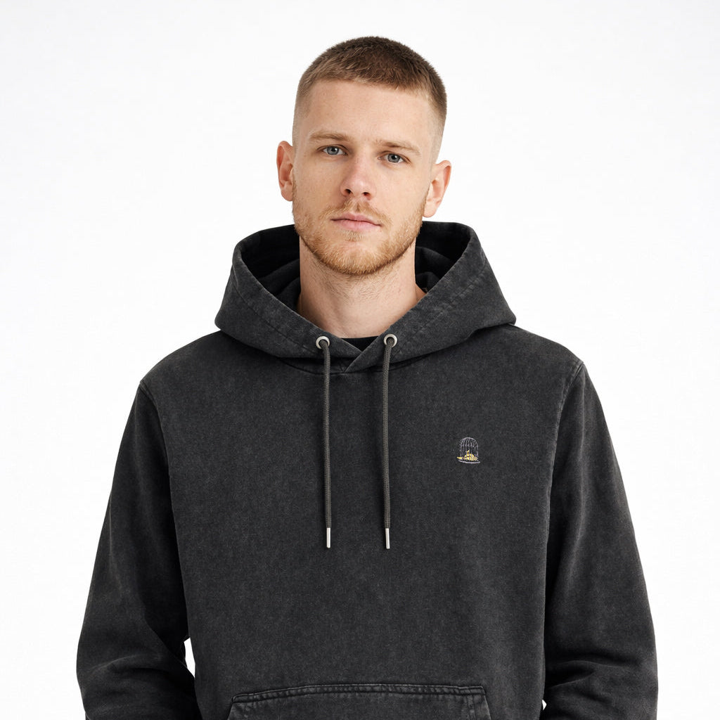 Forge Hoody black vintage washed hoodie worn by male model front view 300 GSM organic cotton