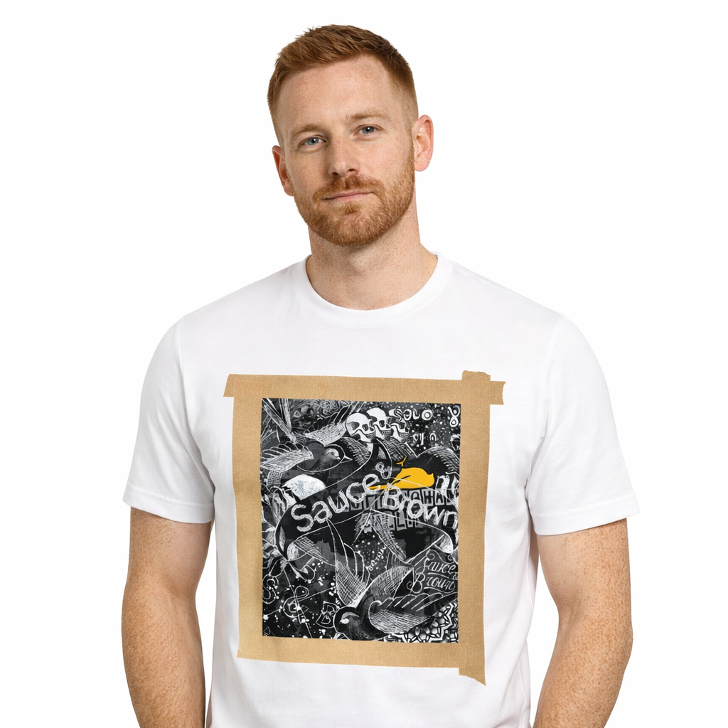 Sauce & Brown Project T-Shirt in white with graphic print, front view worn by model