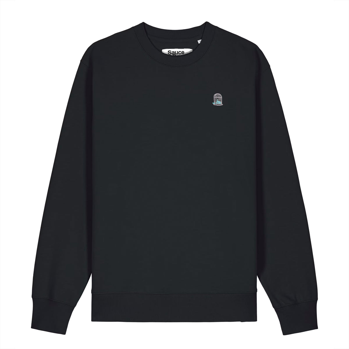 Men’s black organic cotton sweatshirt with embroidered chest detail and relaxed fit
