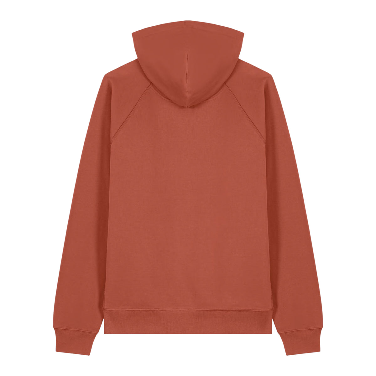 Rear view of the Sauce & Brown Kiln Hoody in Vintage Washed Terracotta, showing the double-layered hood, raglan sleeve construction and ribbed cuffs and hem.