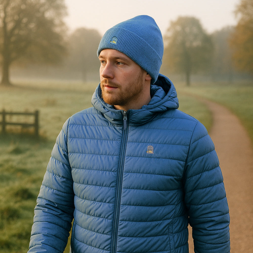 Model wearing Liberty Jacket in blue outdoors by Sauce & Brown