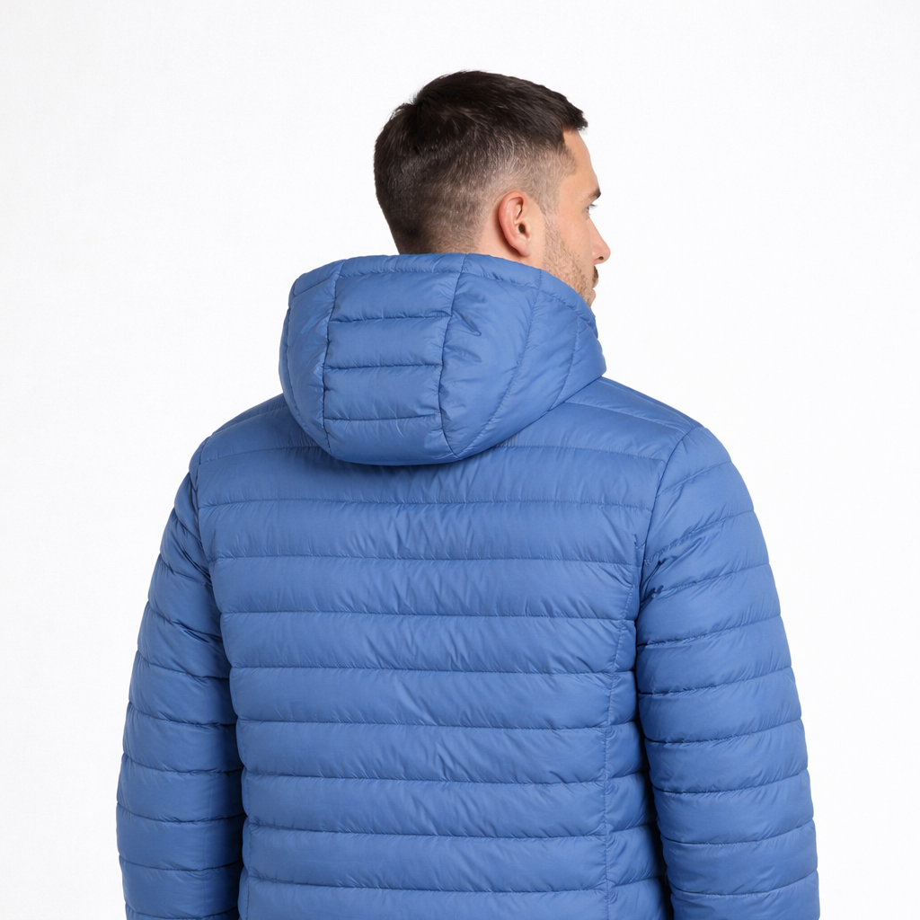 Rear view of Liberty Jacket in blue worn by model by Sauce & Brown