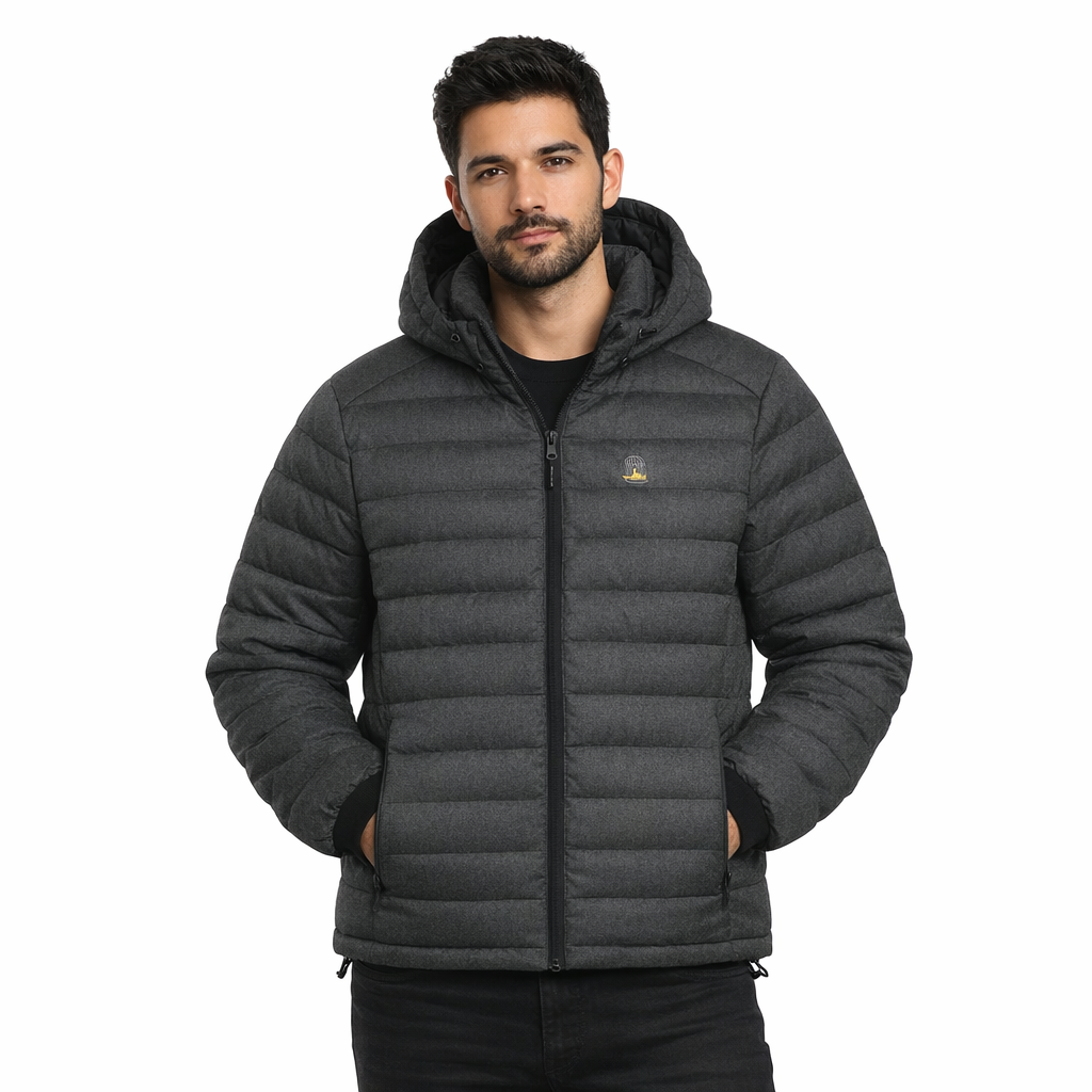 Mac Jacket in charcoal grey with embroidered chest logo worn by model by Sauce & Brown
