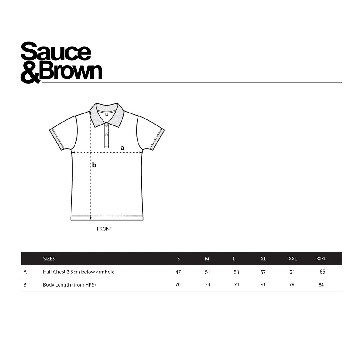 Sauce & Brown polo shirt size guide showing measurements and fit