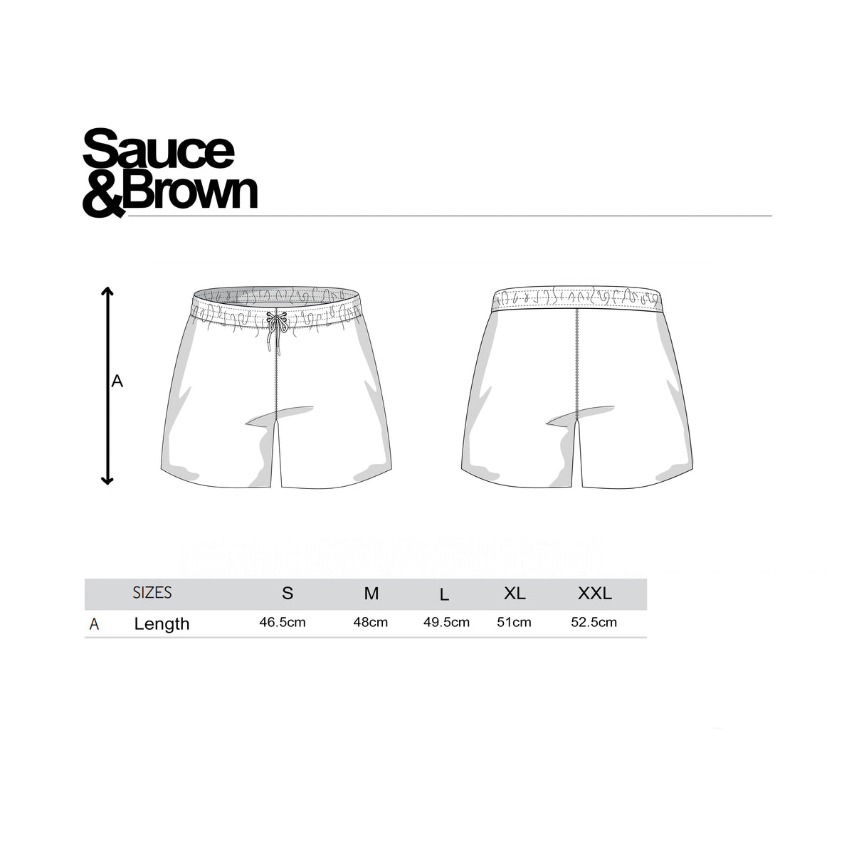 Sauce & Brown swim shorts size guide showing measurements and fit