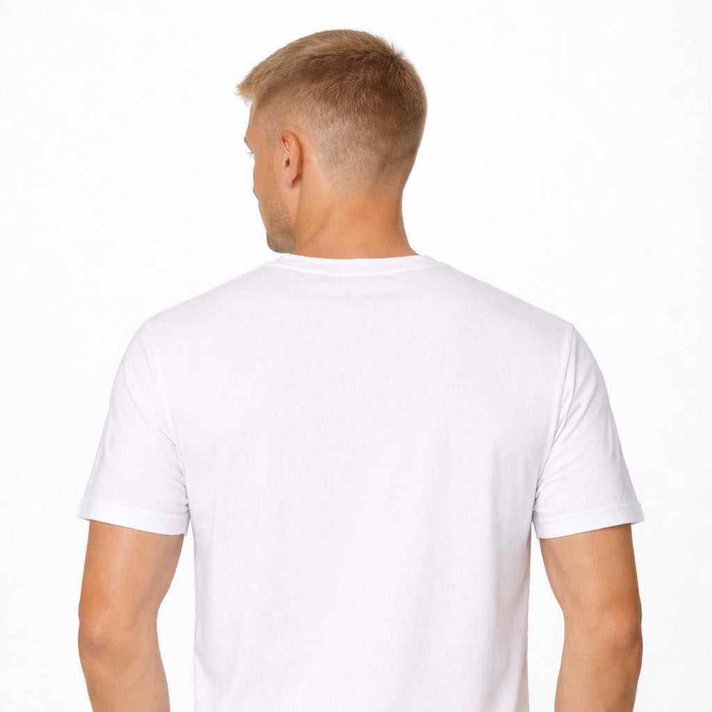 Rear view of white birdcage t-shirt by Sauce & Brown on studio model