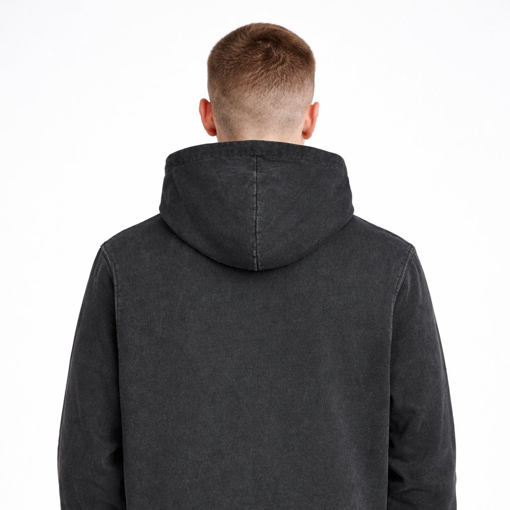 Forge Hoody black vintage washed hoodie worn by male model back view organic cotton