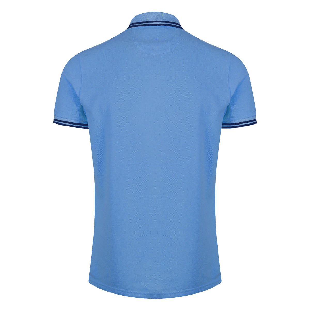Blue polo shirt rear view with navy collar and sleeve tipping, clean product image