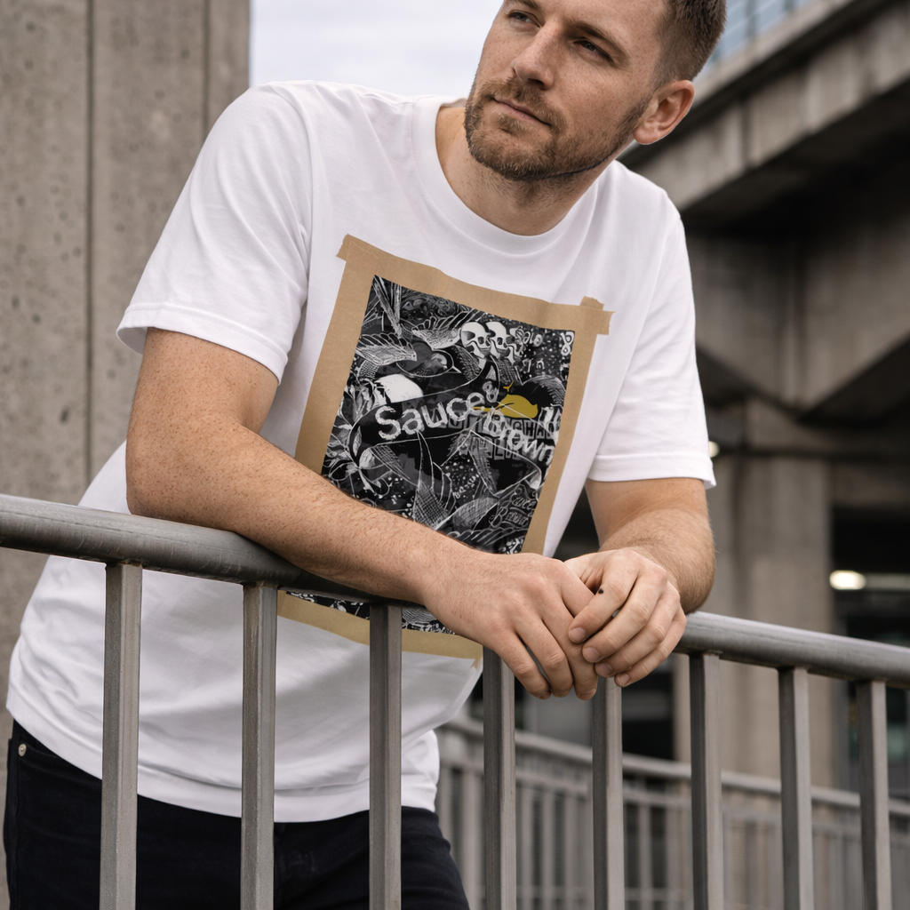 Model wearing Sauce & Brown white Project T-Shirt with graphic artwork, lifestyle outdoor setting