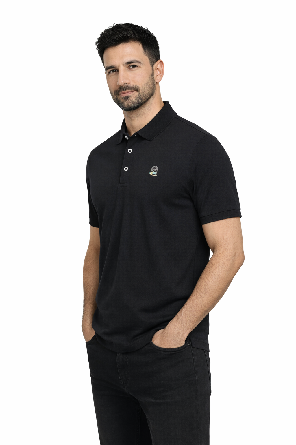 Sauce & Brown Coaled Polo in black angled view showing fit and silhouette
