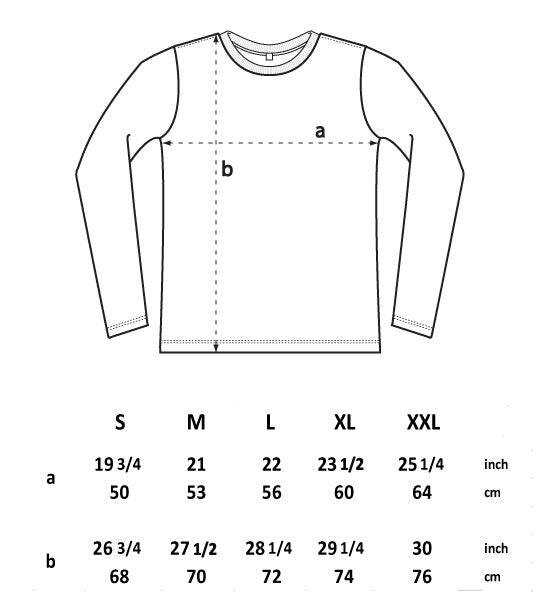 Sauce & Brown long sleeve t-shirt size guide showing measurements and fit
